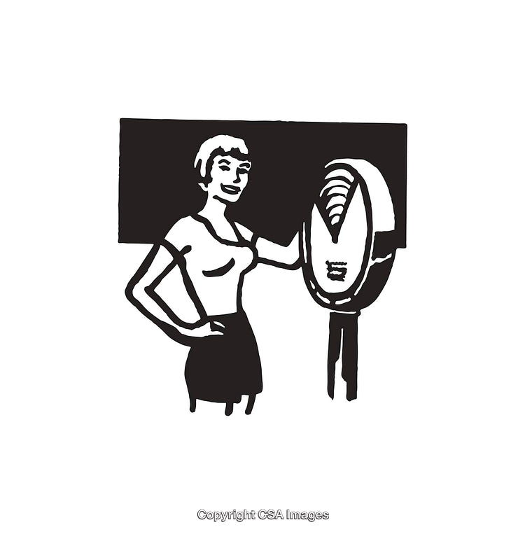 Vintage Line Art Illustration of Woman with Retro Device