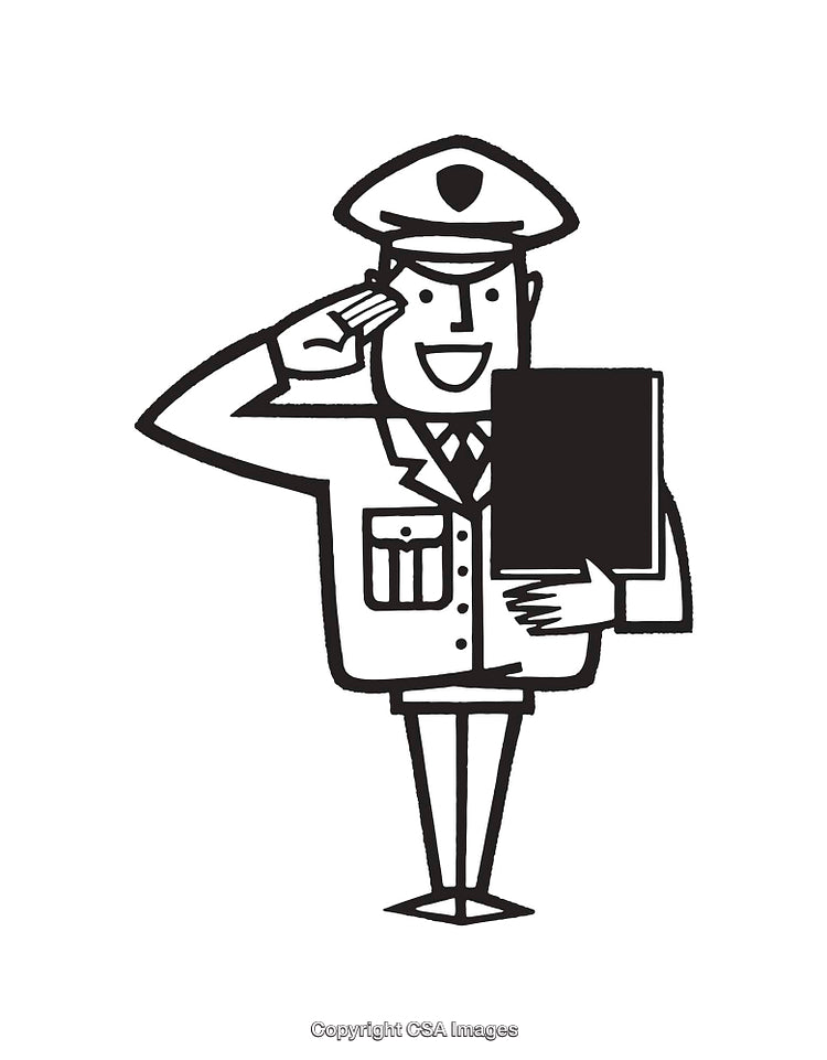 Black-and-White Illustration of Saluting Officer Carrying Document Folder