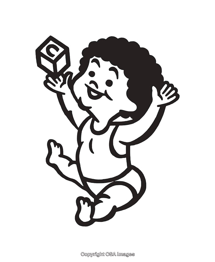 Black and White Illustration of a Joyful Baby Playing With Toy Block