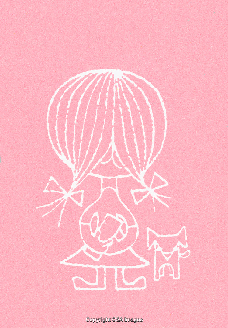Minimalistic Illustration of a Girl with Pigtails and Pet Dog on Pink