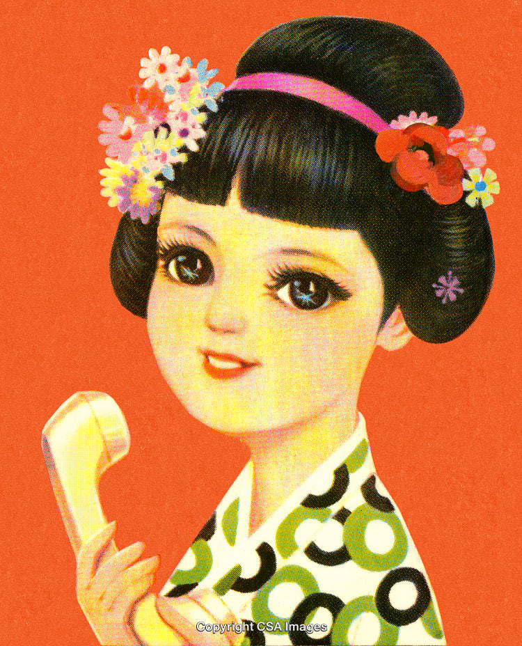 Vintage Style Illustration of a Woman with a Telephone and Flowers