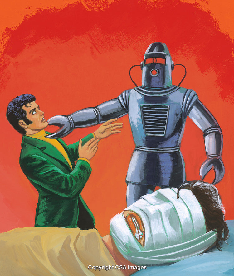 Retro Sci-Fi Scene with a Robot and Mysterious Figures