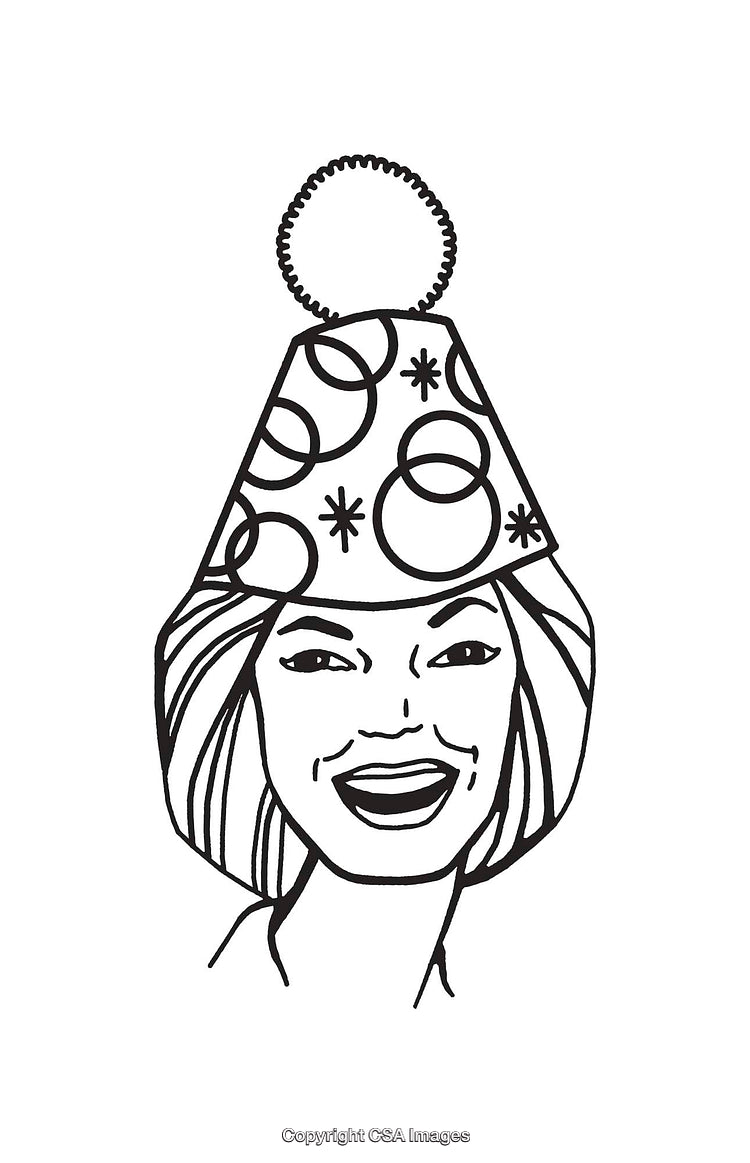 Black and White Line Art of a Smiling Woman in a Party Hat
