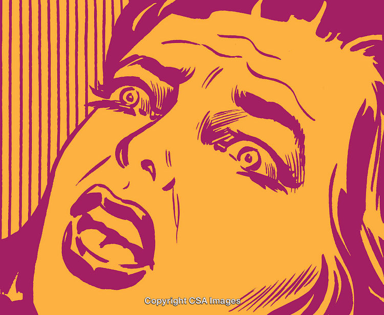 Dramatic Pop Art Illustration of a Woman Expressing Surprise and Fear in Bold Colors