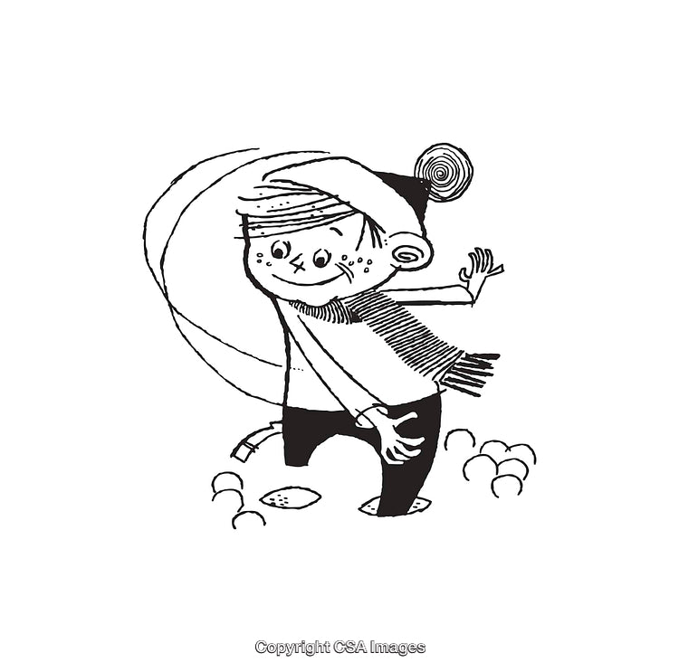 Black and White Illustration of a Cheerful Child Playing Outside
