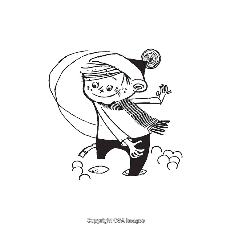 Black and White Illustration of a Cheerful Child Playing Outside