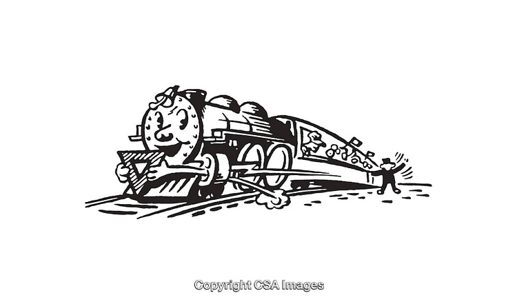 Playful Black and White Line Art of a Train with Faces and Action
