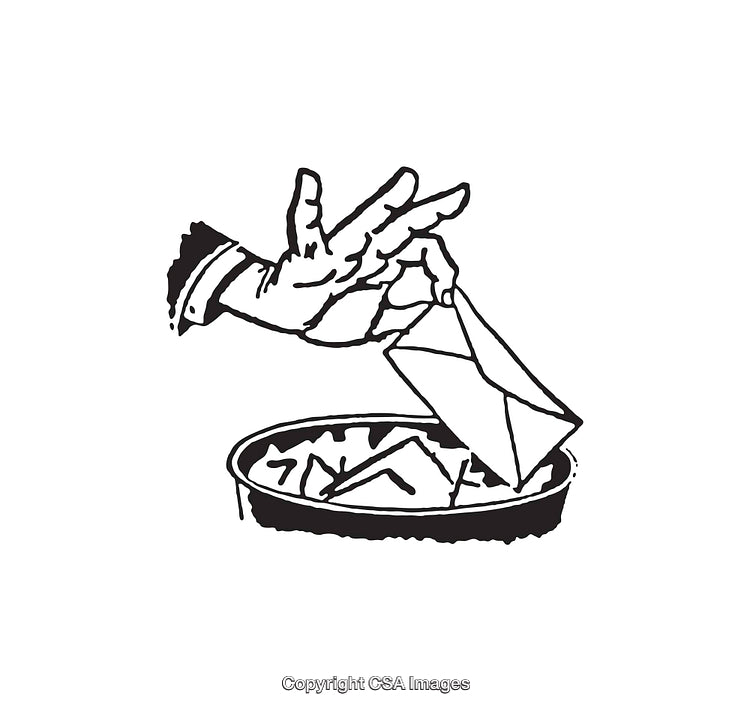 Illustration of Hand Throwing an Envelope Into a Wastebasket in Line Art Style