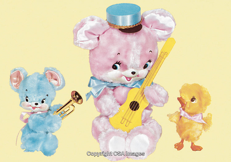 Cute Plush Toys Playing Musical Instruments in Vintage Styled Illustration