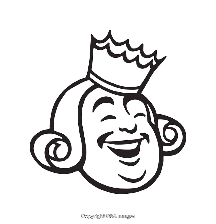 Black and White Line Art of a Smiling King with a Crown
