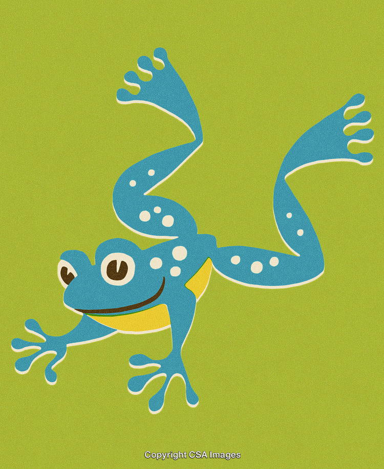 Playful Blue Frog Illustration on Bright Green Background