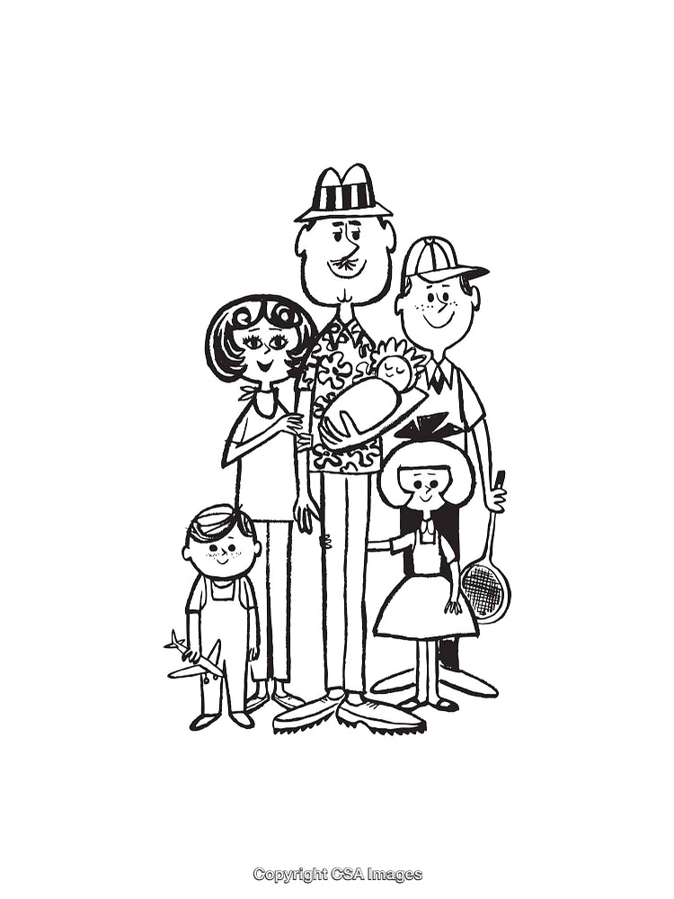 Black and White Illustration of a Happy Family with Five Members