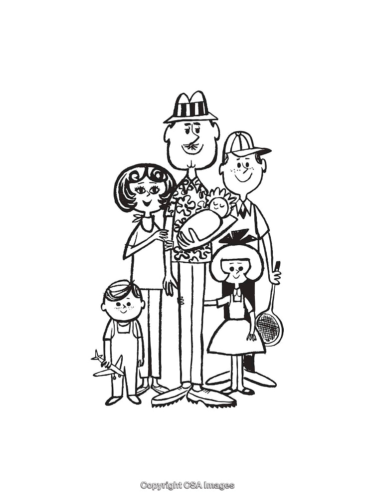 Black and White Illustration of a Happy Family with Five Members