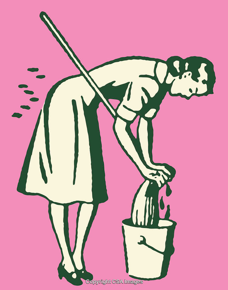 Illustration of a Woman Wrining Cloth Over a Bucket in Retro Style