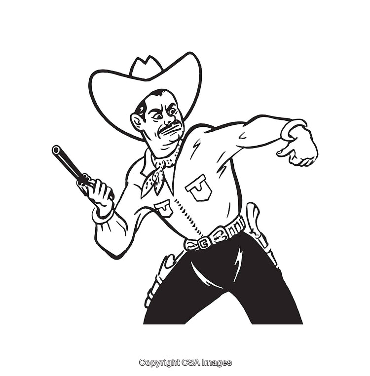 Black and White Illustration of a Cowboy in Dramatic Action Pose