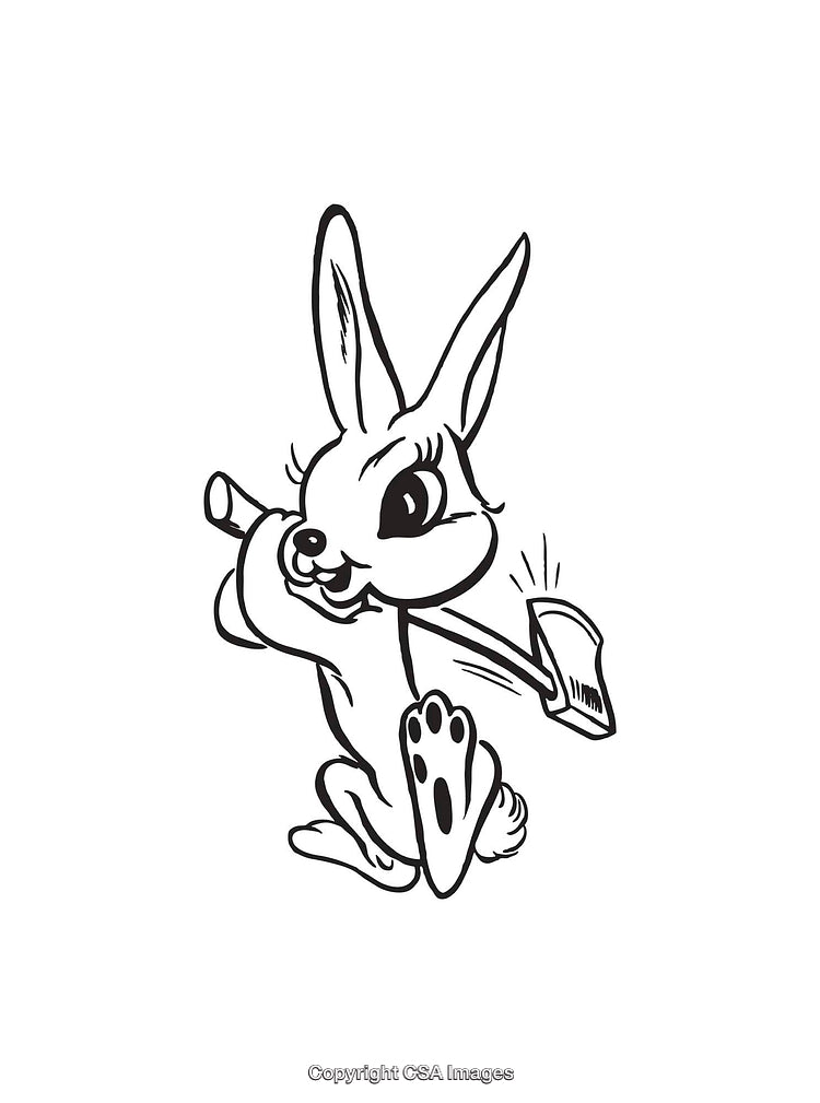 Playful Rabbit Carrying an Axe in Black and White Line Art