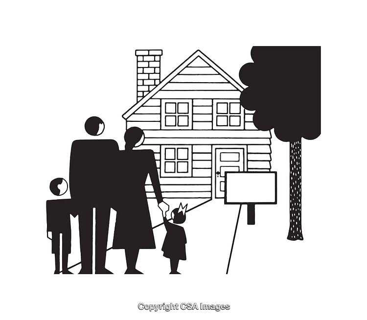 Illustration of a Family Viewing a House With a For Sale Sign