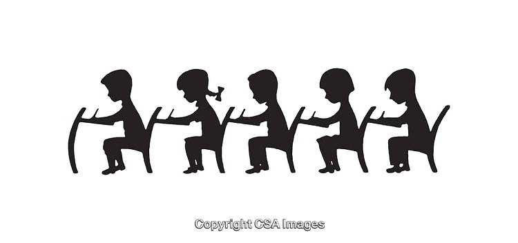 Black and White Silhouette Art of Children Using Tablets