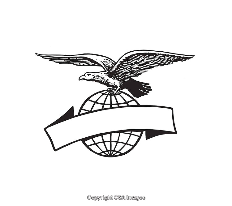 Eagle on Globe with Blank Banner in Black and White Line Art