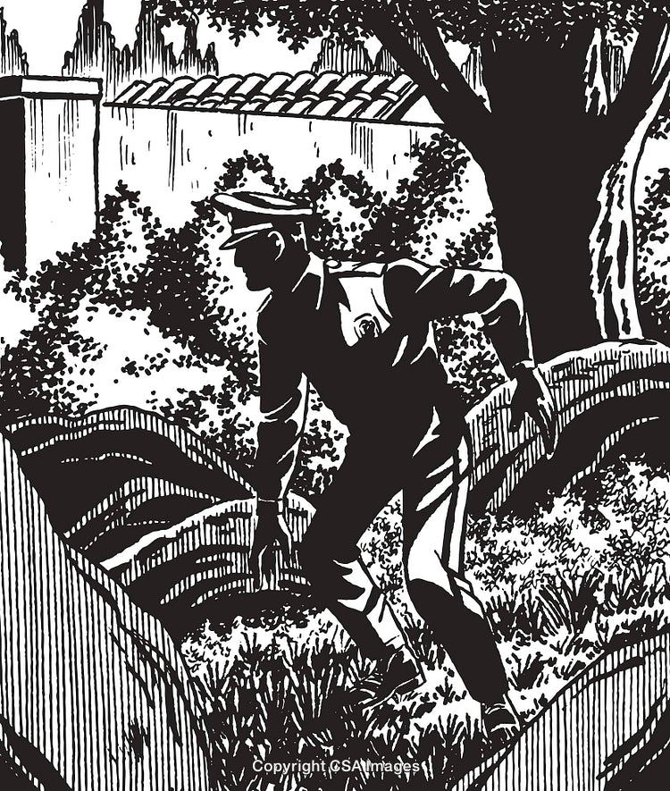 Vigilant Officer Inspecting Forest Scene in Illustrative Black and White Artwork