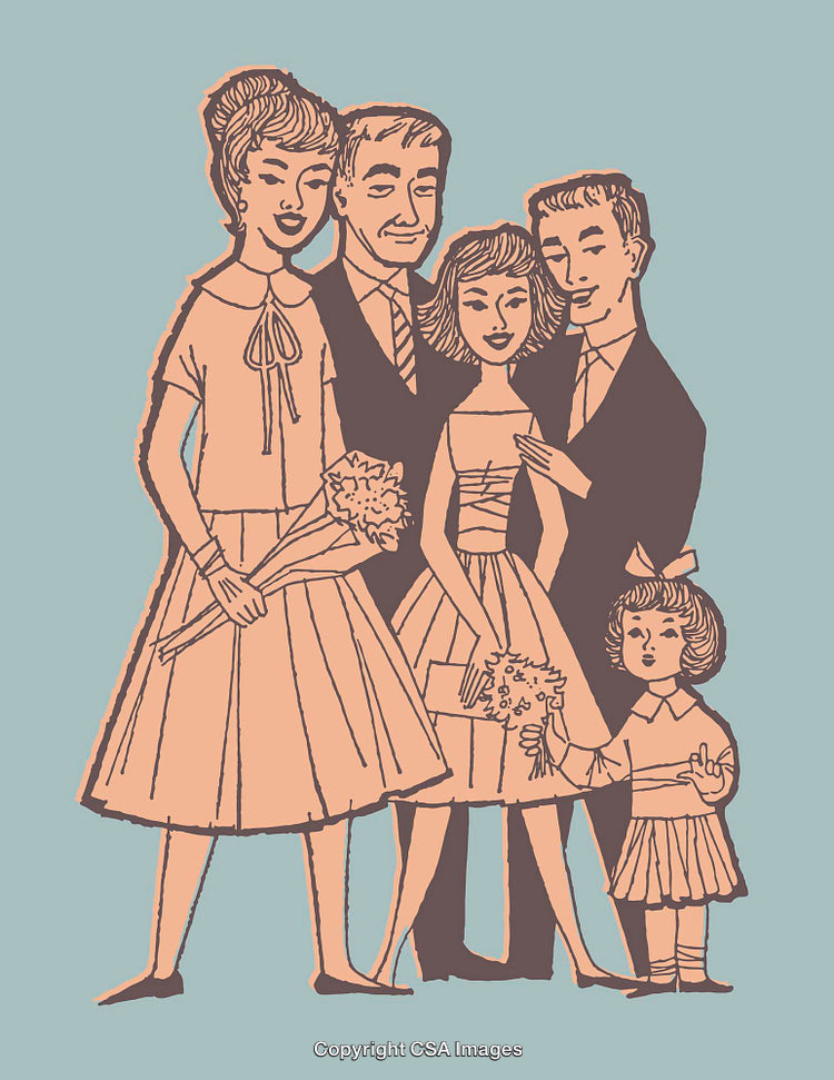 Retro Family Portrait Illustration with Women Holding Flowers