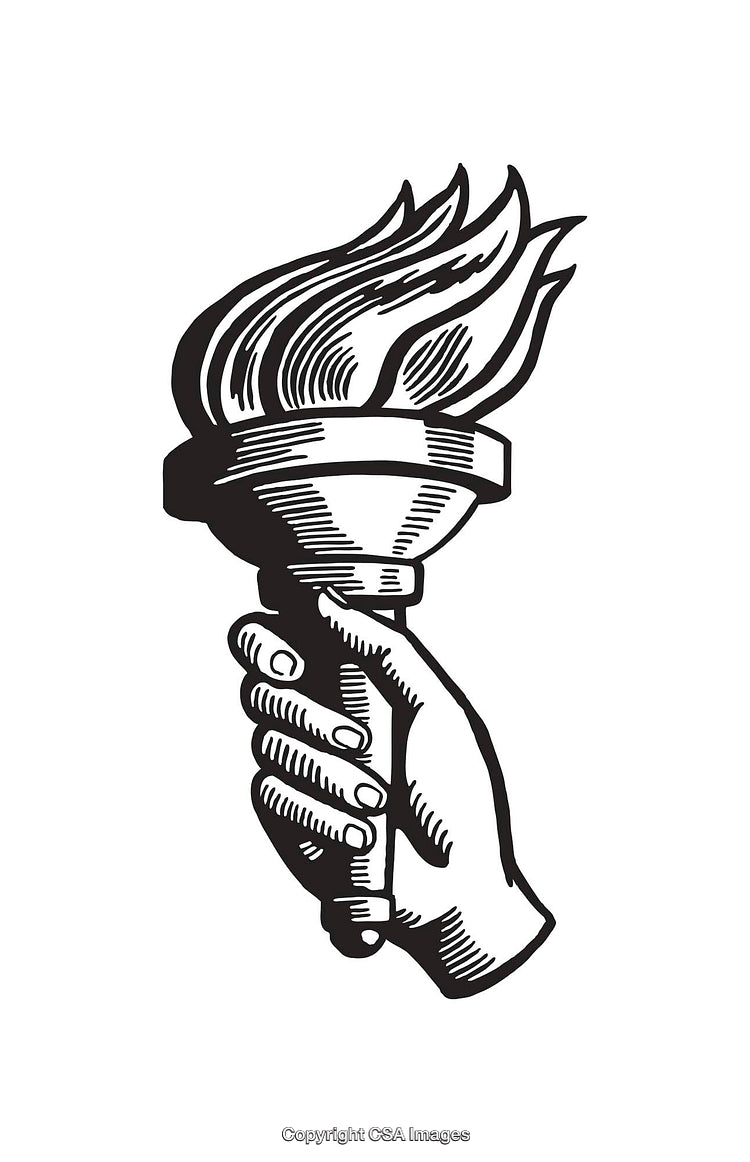 Black and White Line Art of a Hand Holding a Torch