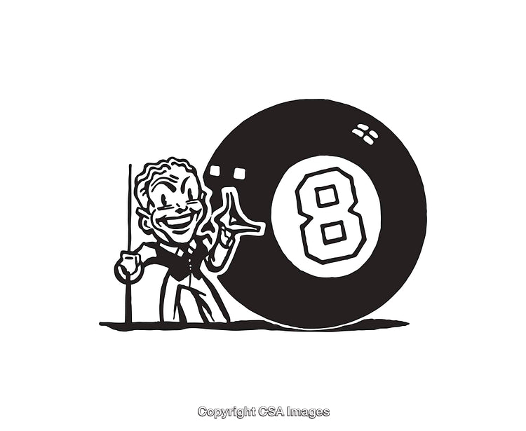 Vintage-Style Illustration Featuring a Character With Fortune Eight Ball