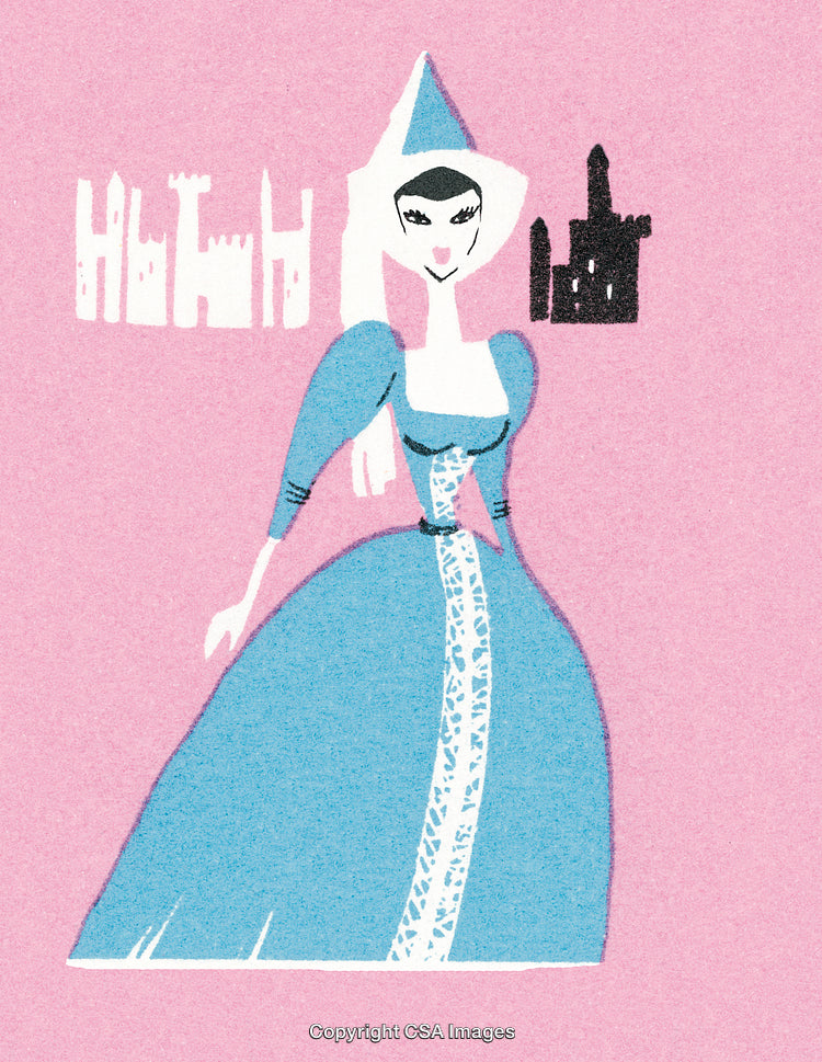 Charming Medieval-Inspired Princess Illustration With Castle Motif on Pink Background