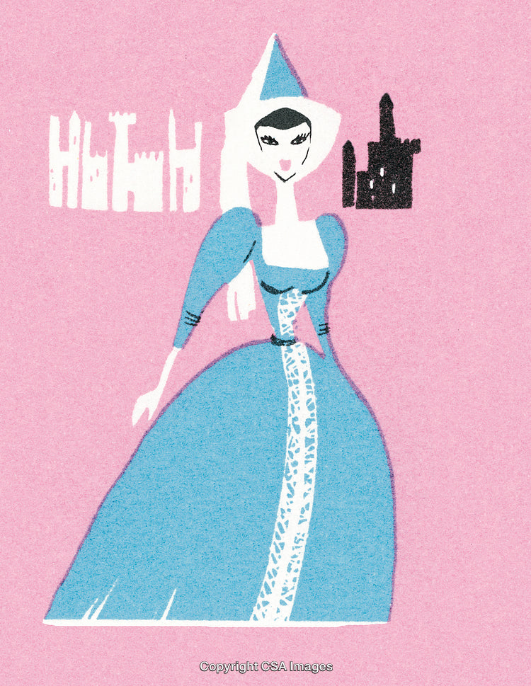 Charming Medieval-Inspired Princess Illustration With Castle Motif on Pink Background