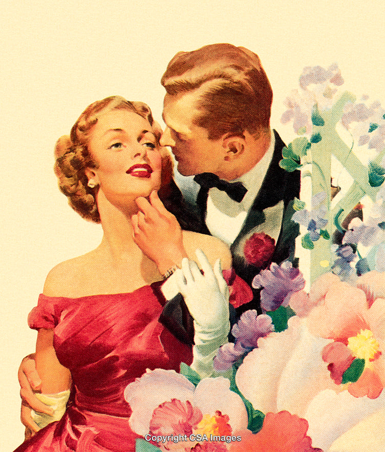 Elegant Couple in Vintage Style with Romantic Floral Backdrop