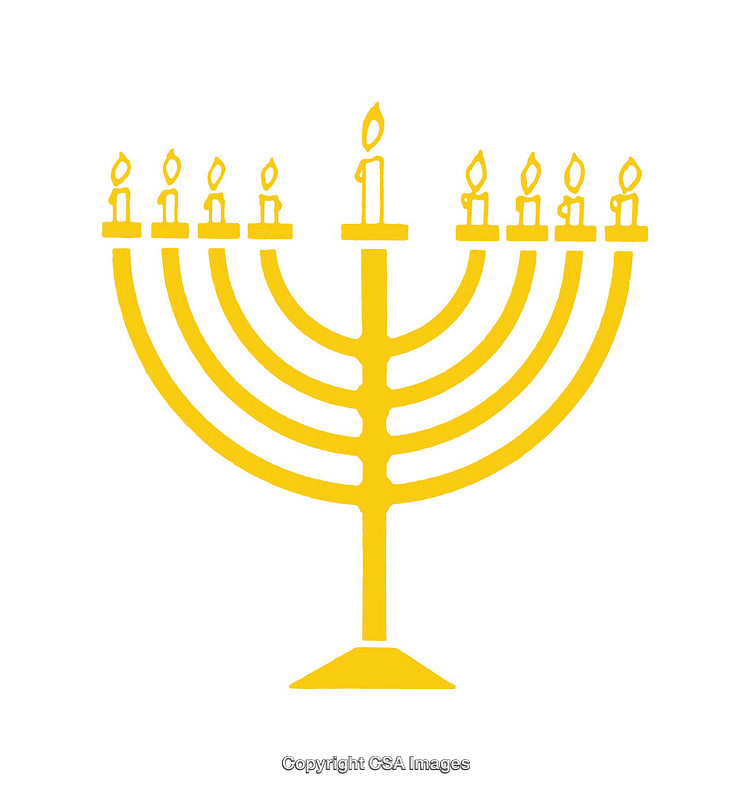 Illustration of a Yellow Menorah with Burning Candles on White Background