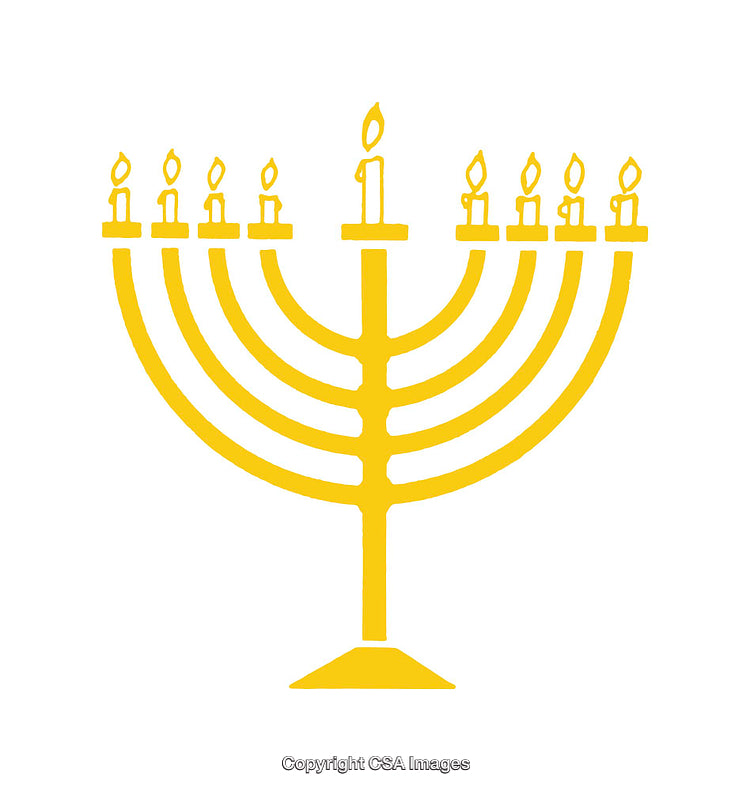 Illustration of a Yellow Menorah with Burning Candles on White Background