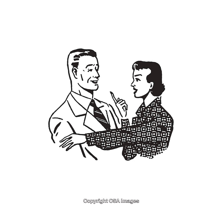 Vintage Styled Black And White Illustration Depicting a Conversation Between Two People