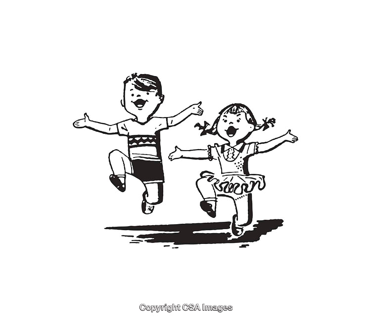 Black and White Illustration of Two Happy Children Joyfully Jumping