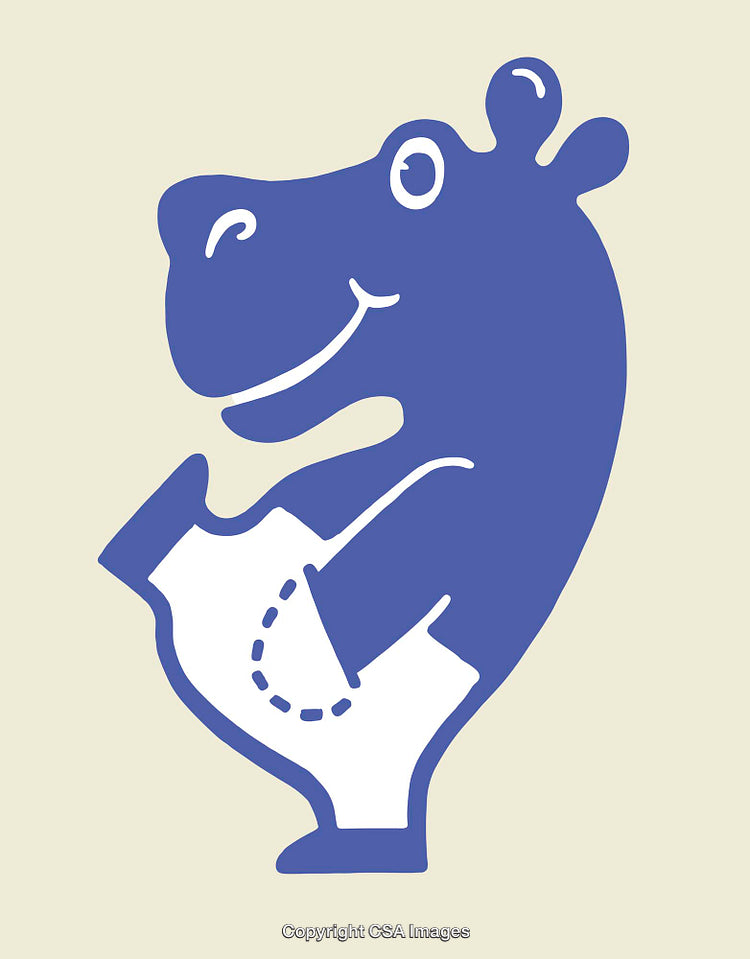 Smiling Blue Cartoon Hippopotamus Character in Diaper Illustration