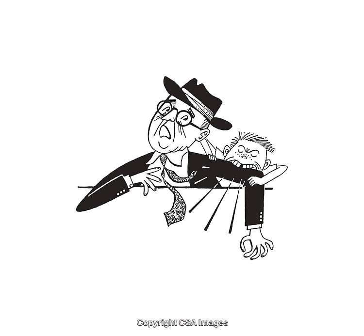 Amusing Black and White Illustration of Surprised Man and Mischievous Child