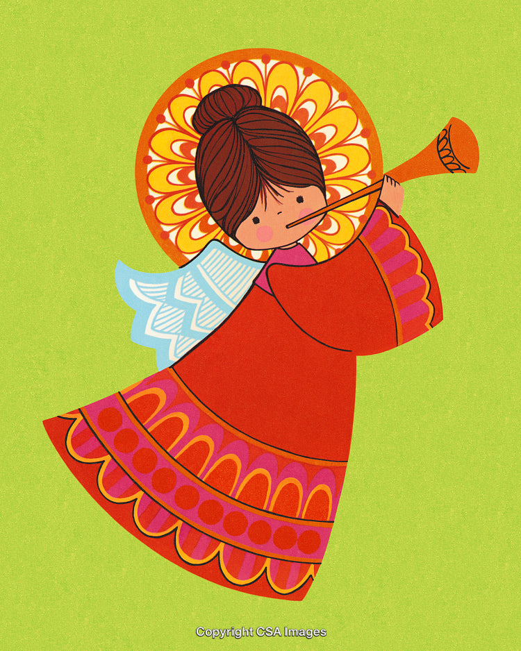 Colorful Illustration of an Angel Playing a Trumpet With Decorative Elements
