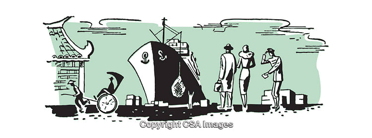 Vintage Illustration of People at a Dock Beside a Large Ship
