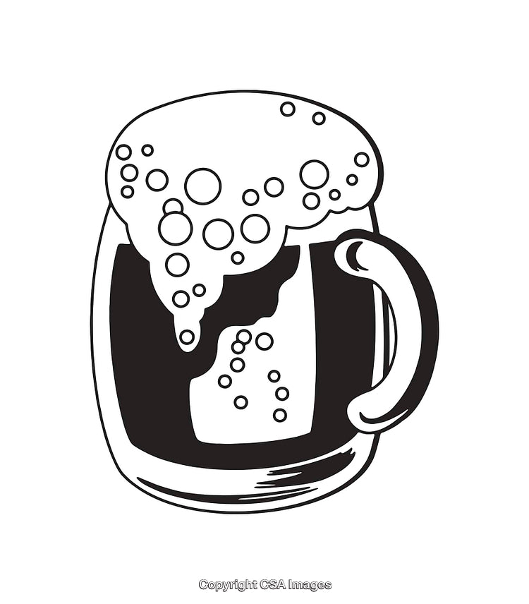 Illustrated Black and White Beer Mug with Bubbles and Foam, Line Art Style