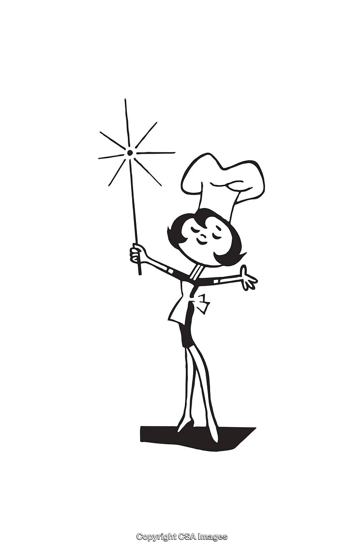 Black And White Illustration of a Cheerful Chef With a Sparkling Wand