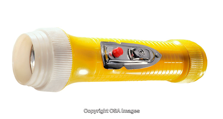 Yellow Plastic Flashlight with Red Switch and White Lens