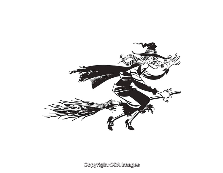Classic Black and White Witch Illustration Flying on a Broomstick