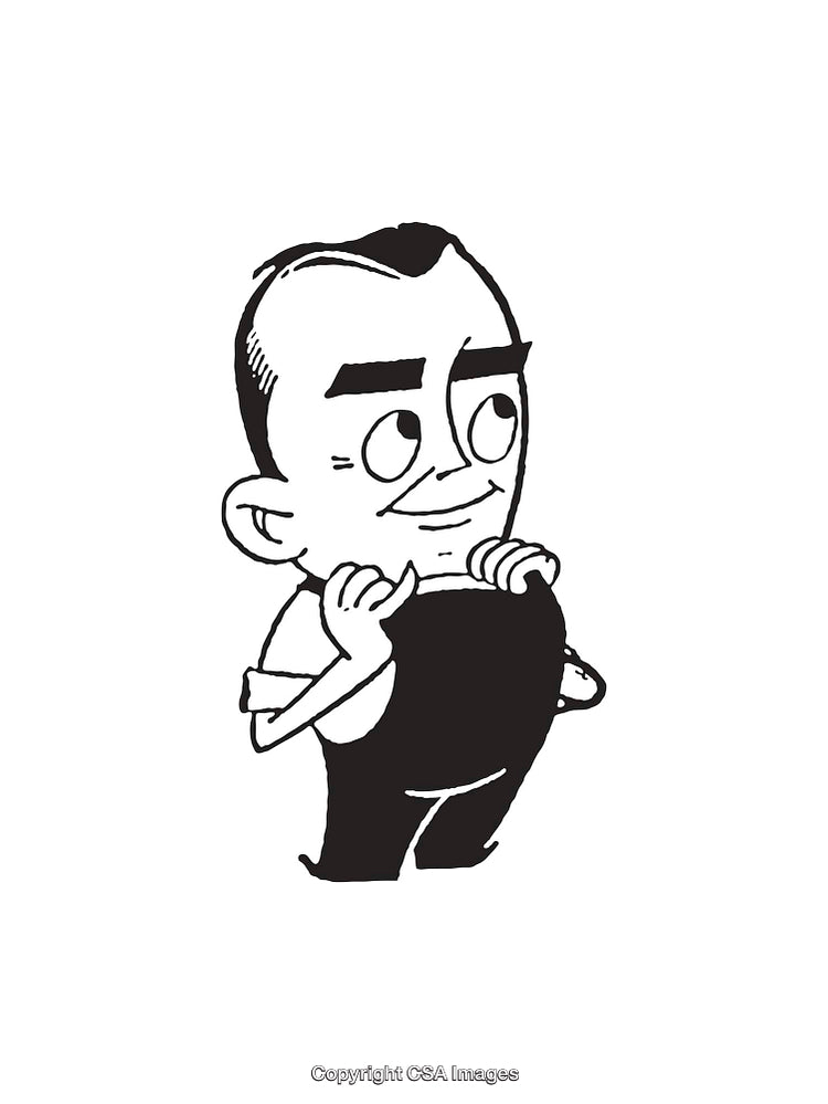 Playful Black and White Cartoon Illustration of a Person in Suspenders