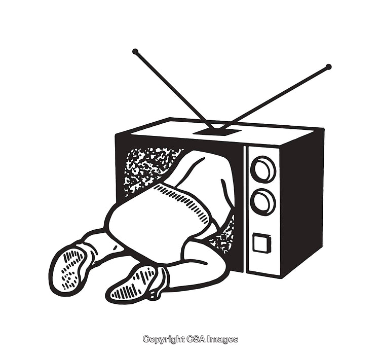 Surreal Line Art Illustration of Person Partially Stuck Inside a Television