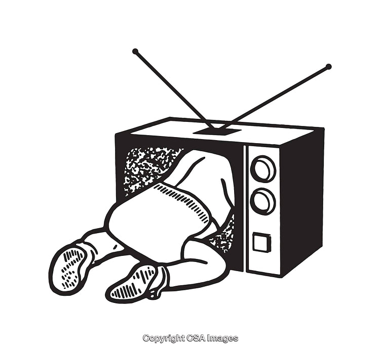 Surreal Line Art Illustration of Person Partially Stuck Inside a Television