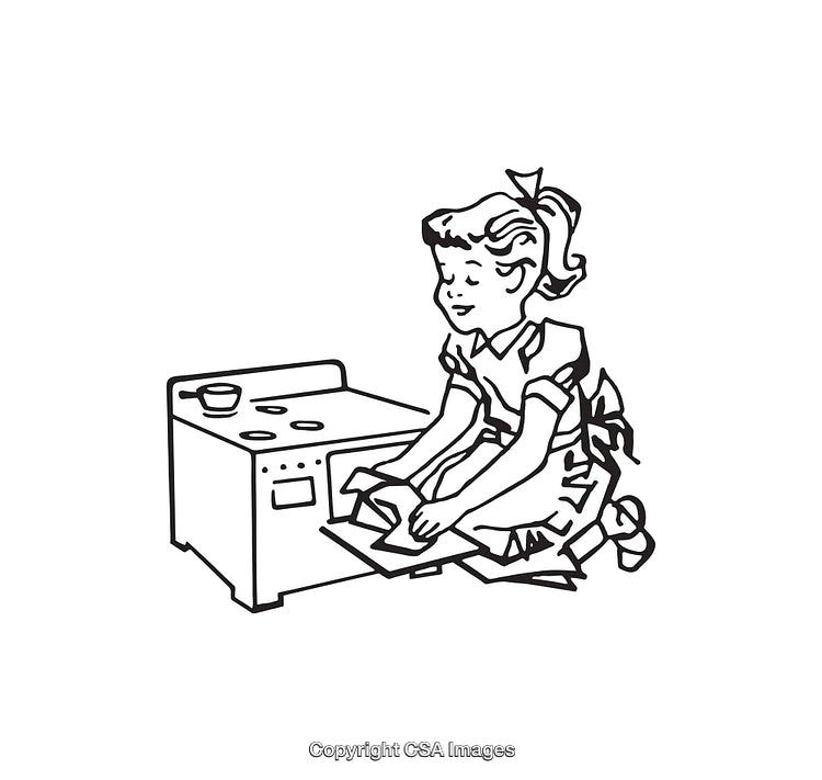 Black and White Line Art of a Girl Using a Toy Oven