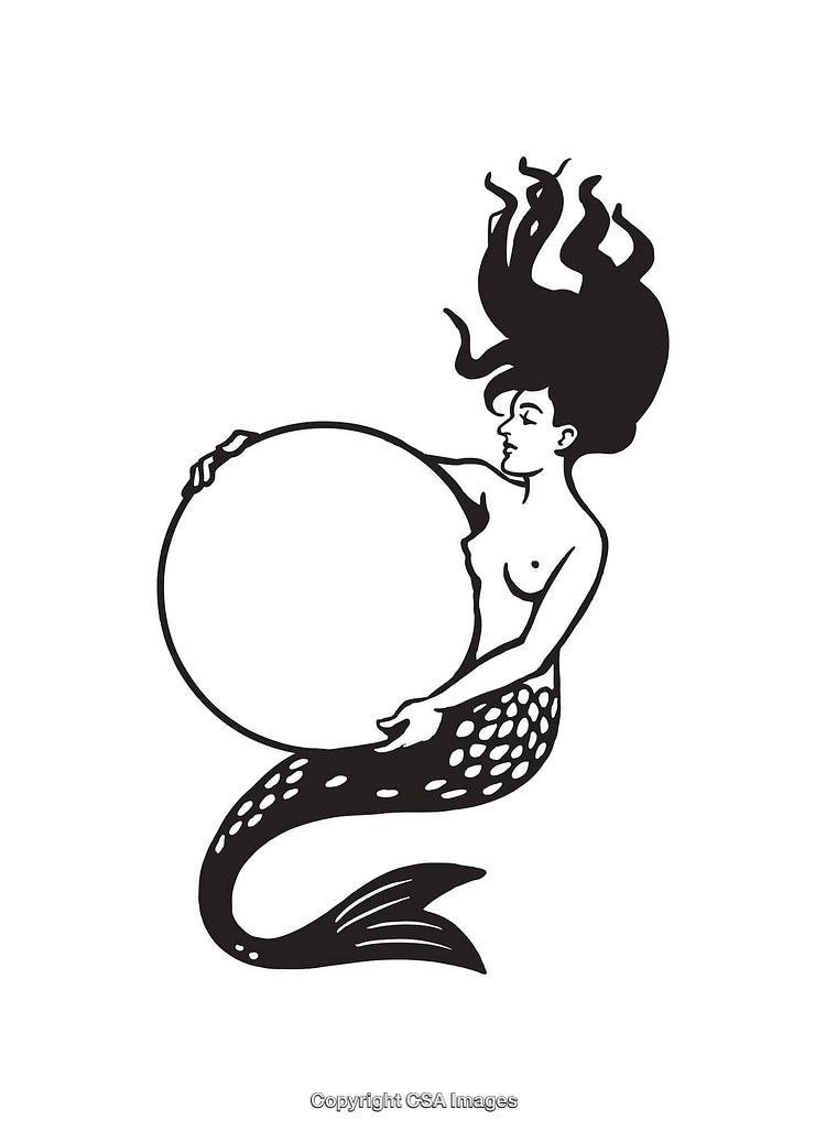 Black and White Mermaid Line Art with Abstract Composition