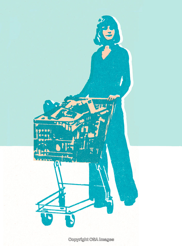 Stylized Illustration of Woman Shopping With Grocery Cart, Highlighting Retro Shopping Theme