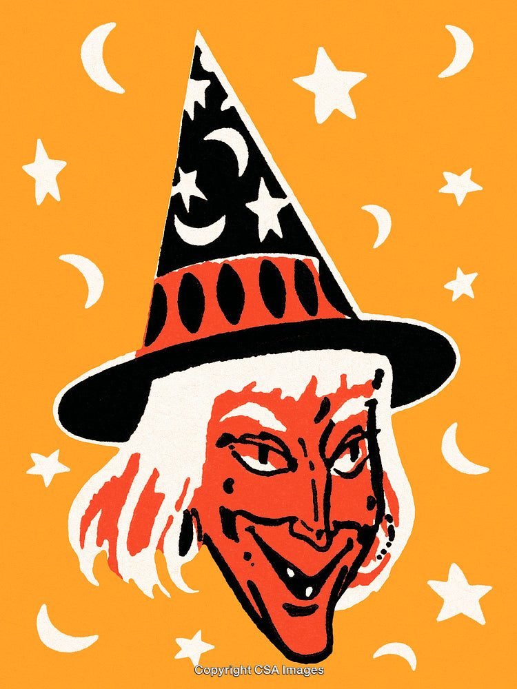 Illustration of a Witch's Hat and Face with Stars and Moons