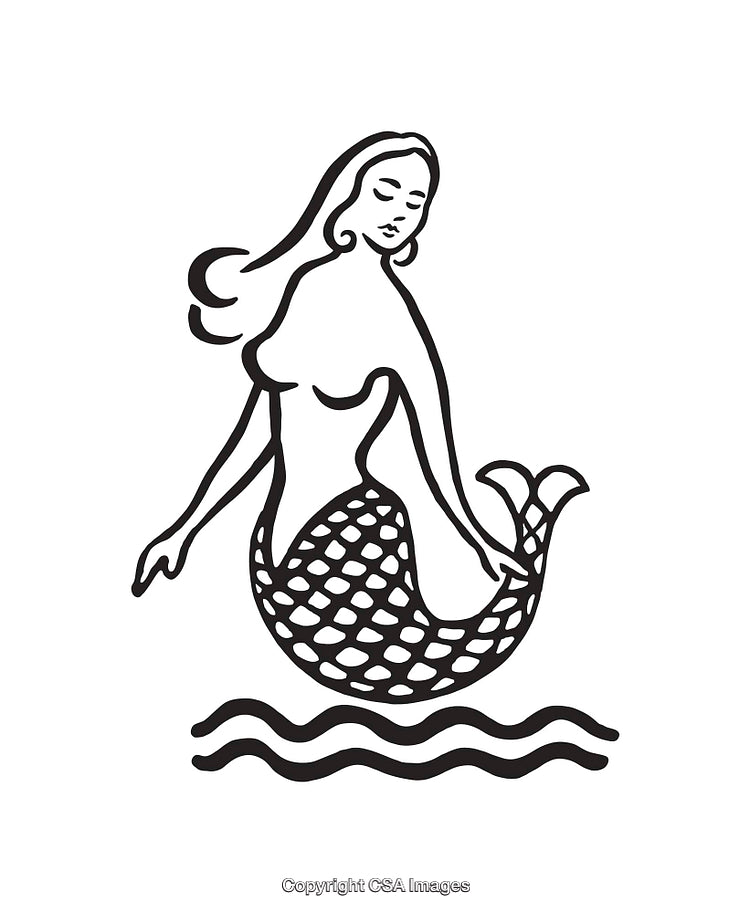 Black And White Line Art Illustration of a Graceful Mermaid